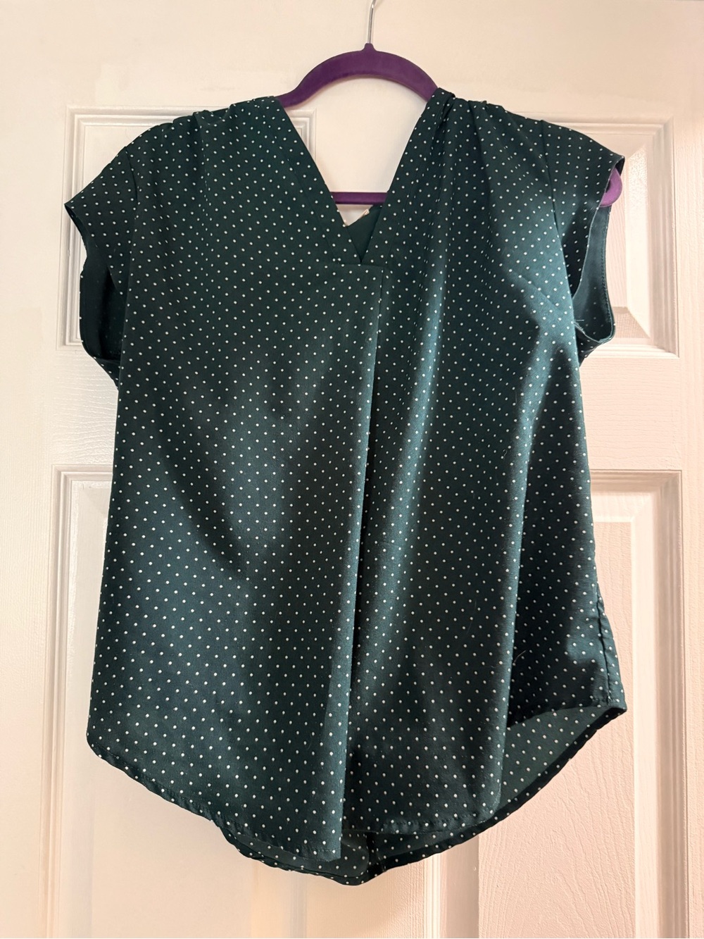 fun 2 fun Dark Green Polka Dot V-Neck Cap-Sleeve Blouse